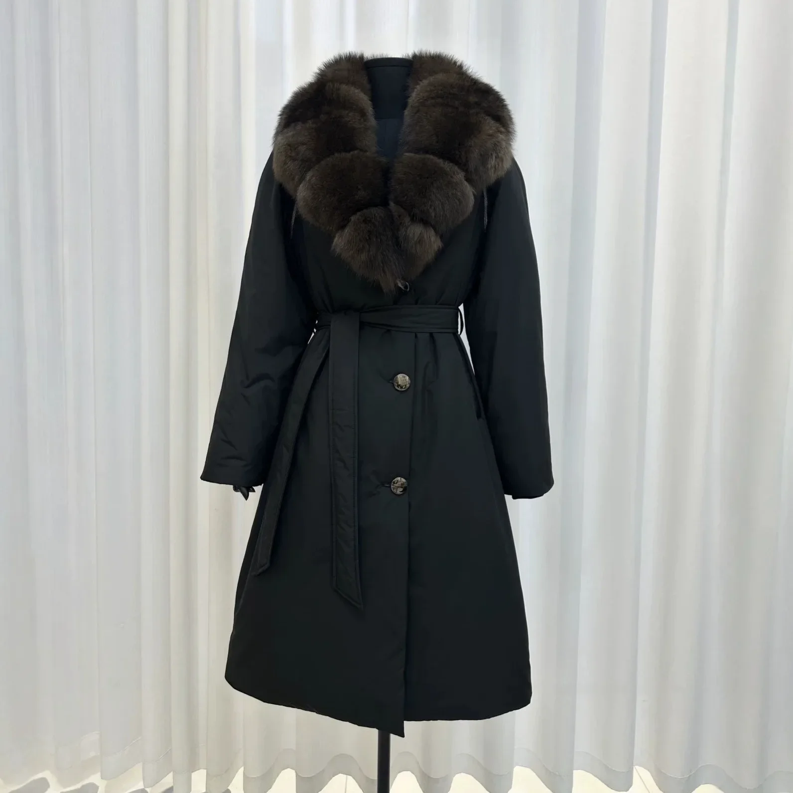 OFTBUY Duck Down Belted Slim Puffer Coat Winter Thick Warm Windproof Outerwear Real Fox Fur Collar Long Duck Down Jacket Women