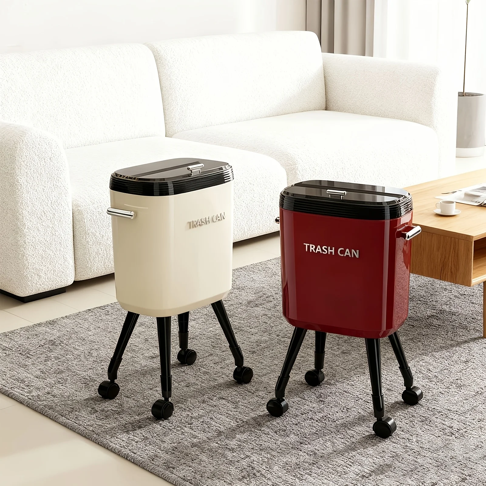 Mobile Trash Can With A High Leg Design, Featuring Wheels For Easy Use Without Bending. It Includes Detachable Inner And Outer Buckets, Silent Swivel Casters, And Is A Large-Capacity Option For Kitchens, Ideal For Daily Cleaning In Living Rooms