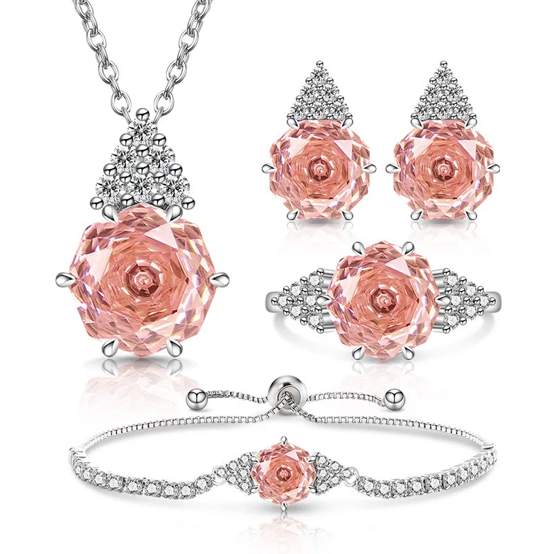 925 Sterling Silver Romantic Elegant Rose Cut Bright High Carbon Diamond Jewelry Set Ladies Wedding Anniversary Jewelry
