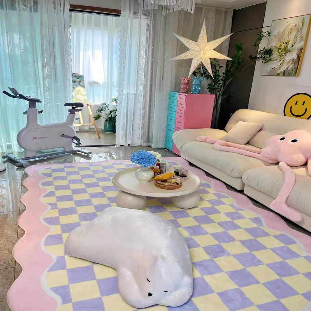 Irregular Pink Carpet for Living Room Cute Plaid Decoration Home Fluffy Soft Large Rug Bedroom Cartoon Thickened Plush Floor Mat