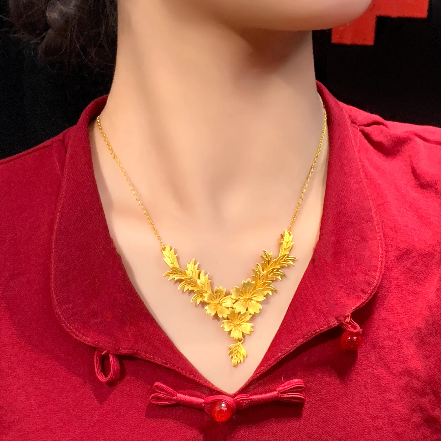 Luxury 24K 9999 Pure Gold real gold Women's Flower Necklace Flower Set Chain