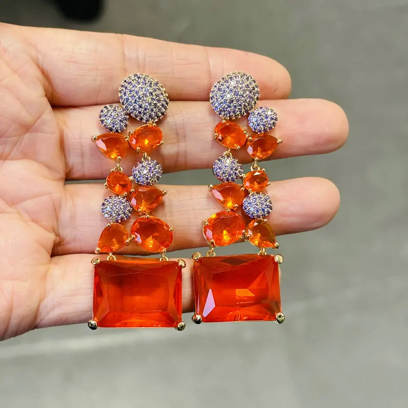 Bilincolor Big Orange Red Cubic Zirconia Earring for Women Wedding Party