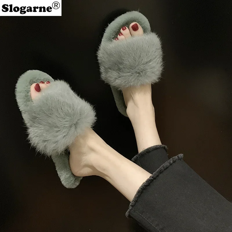 Faux Fur Slides Women\'s 2024 New Winter Slippers Home Cotton Shoes Korean Students Flats Plush Girls Fur Slippers Furry Slippers