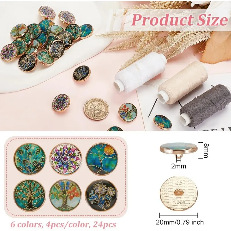 24Pcs 6 Styles Alloy Enamel Shank Buttons Plant Theme Metal Blazer Buttons 20x8mm Flower Tree Vintage Shank Buttons Round