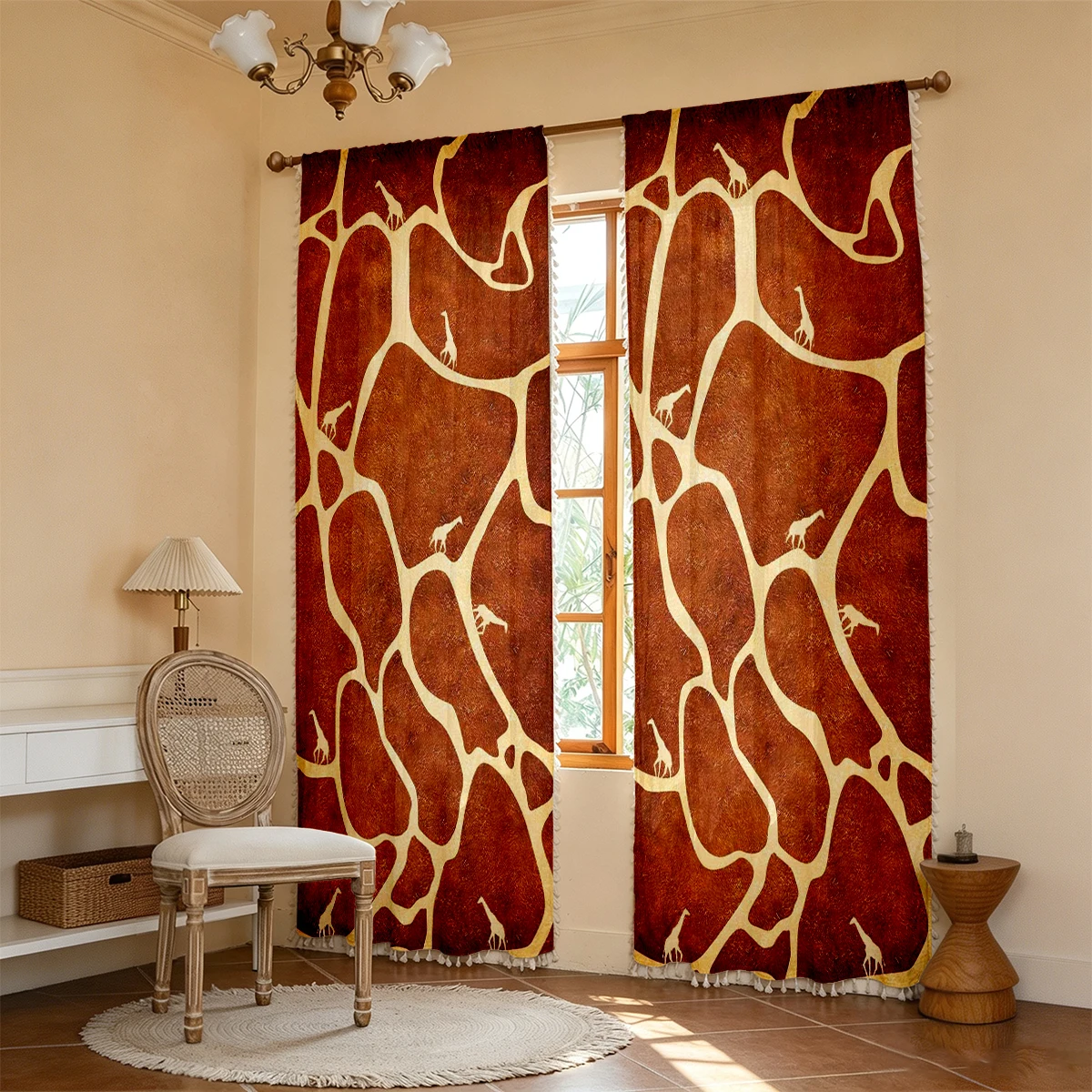 1PC Animal Tassel Sheer Curtains, Giraffe Print Red Orange, Digital Print, Polyester, Bedroom Living Room Decor Rod Pocket