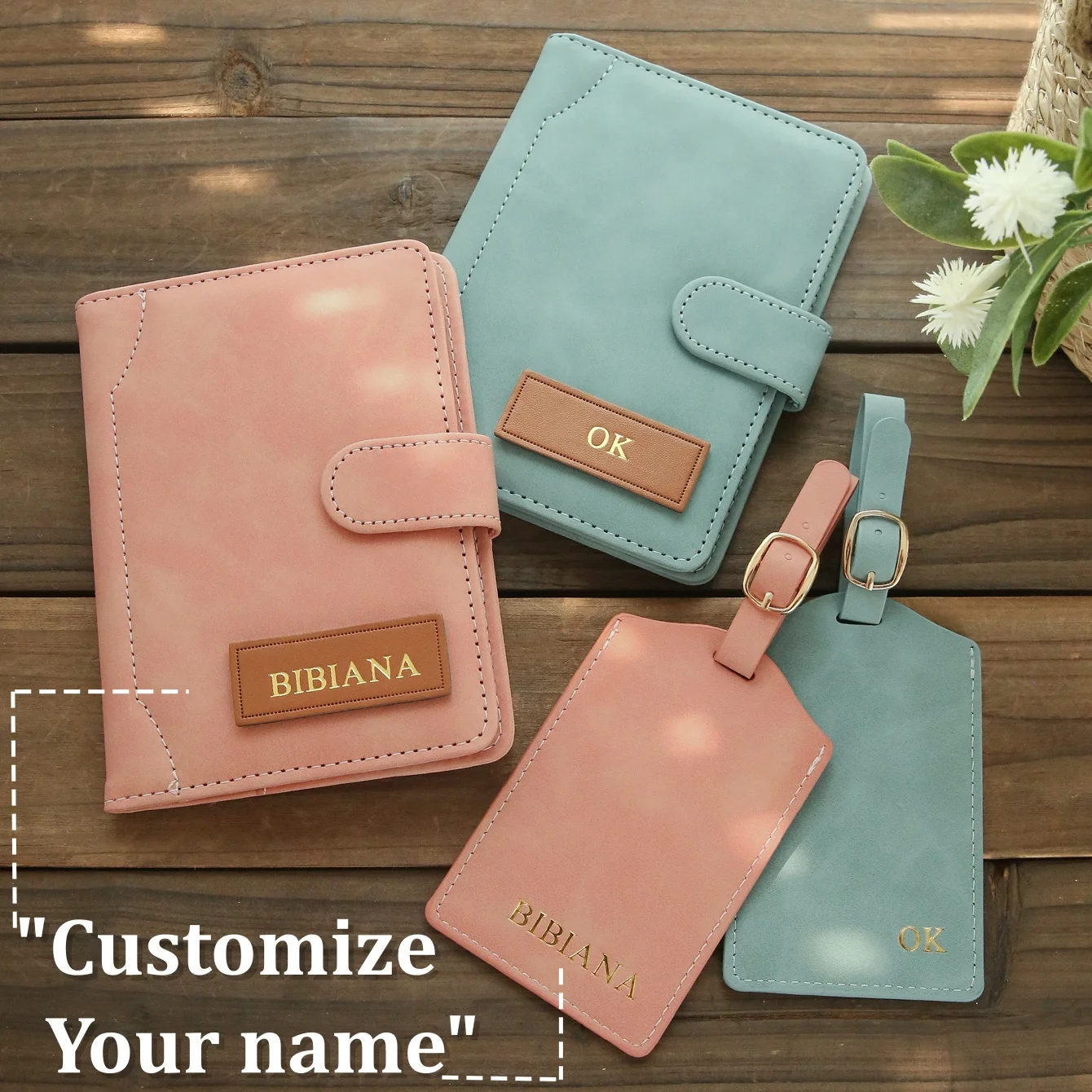 

Custom Name Passport Cover & Luggage Tag Set 2PCS Suede Matte Faux Leather Travel Organizer Personalized Debossed Name card hold