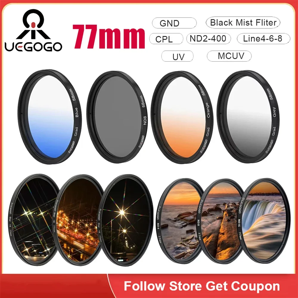 UEGOGO 77mm Filter Gradient GND Red GrEy CPL/UV/MCUV ND2-400/Soft Focus Black Mist Diffusion Star Line 4 6 8 Camera Lens Filter