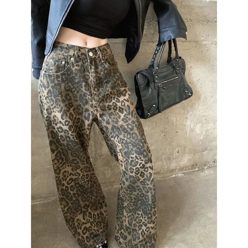 Pantalones vaqueros Y2k con estampado de leopardo para mujer, Jeans versátiles de estilo coreano, holgados, rectos, de pierna ancha, de gran tamaño