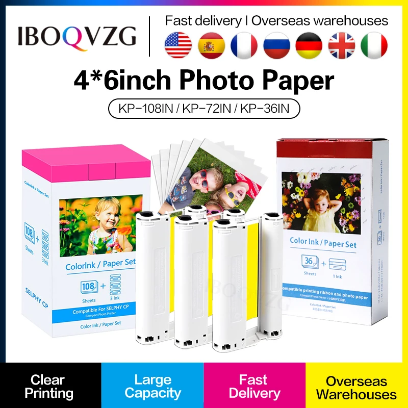 Iboqvzg para canon selphy cor papel de tinta compact photo printer cp1200 cp1300 cp910 cp900 cartucho de tinta kp 108in KP-36IN kp72in