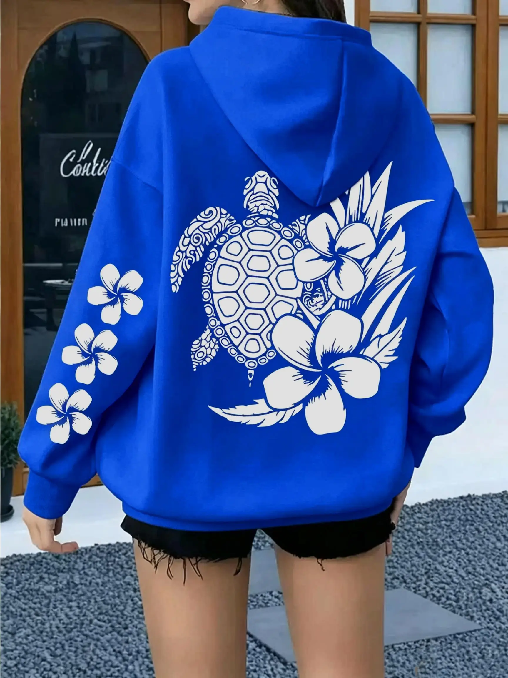 Tribal Sea Turtle Plumeria Flower Hawaiian Style Printing Hoodies Women Fleece Pullover Y2K Autumn Hoody Pocket Loose Streetwear