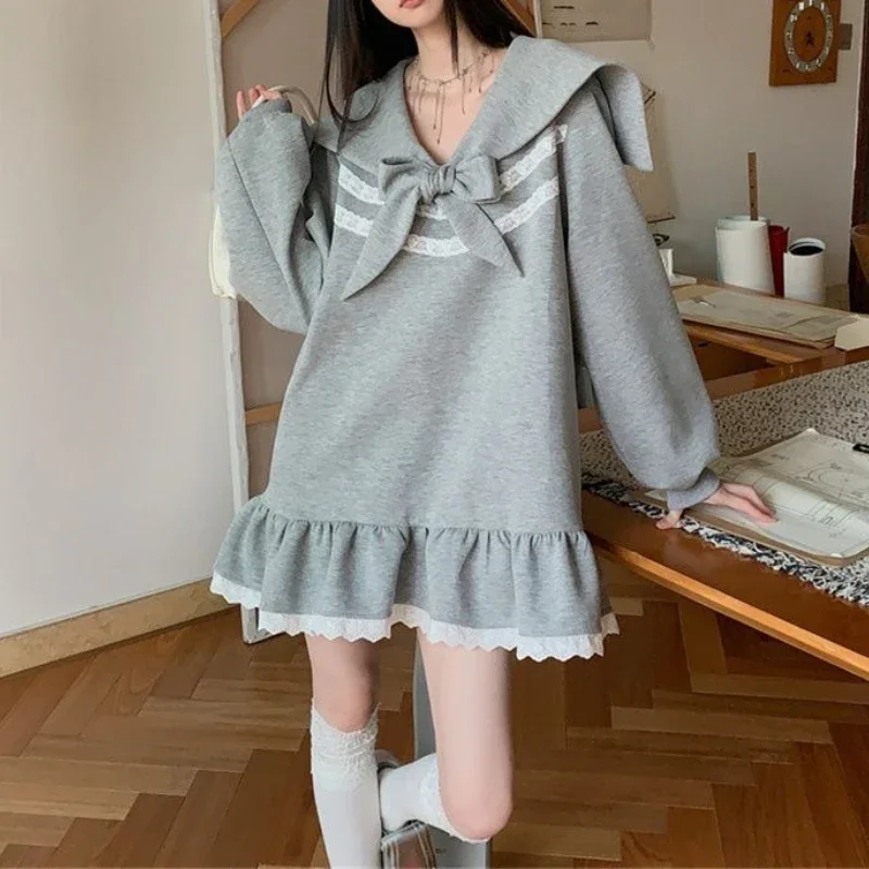 

Bow Tie-up Loose Slim Long-sleeved Dress Spring New Sweet Girl Ruffle Sweater Short Skirt