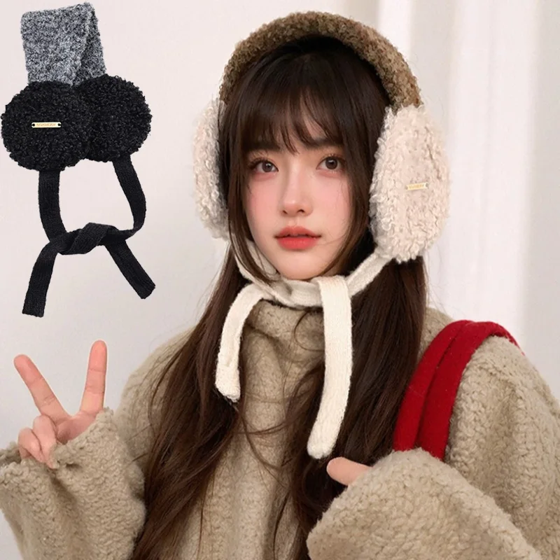 Korean Style Color Blocked Lambskin Plush Ear Muffs Thickened Warmth Cold Protection Winter Ear Protection Straps Cute Ear Bags