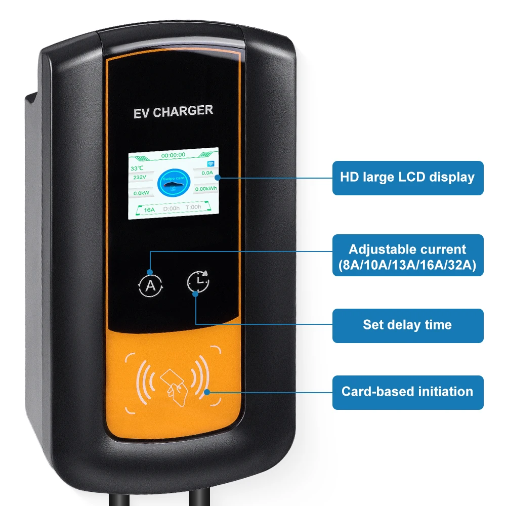 JDMEX EVSE Wallbox 32A 7KW EV Charger Type2 Plug IEC62196-2 Socket 1 Phase 5m Cable Wallmount Charging Station for Electric Car