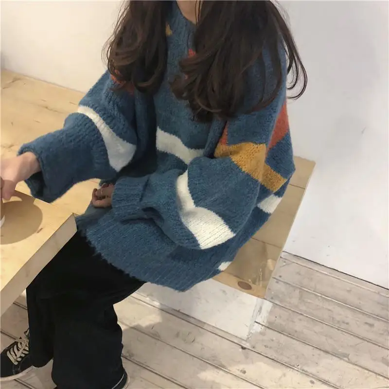 

Lovely Chic Preppy Simple Soft Loose Round Neck Women Vintage Striped Sweaters Spring Autumn Long Sleeve Oversize Knitted M55