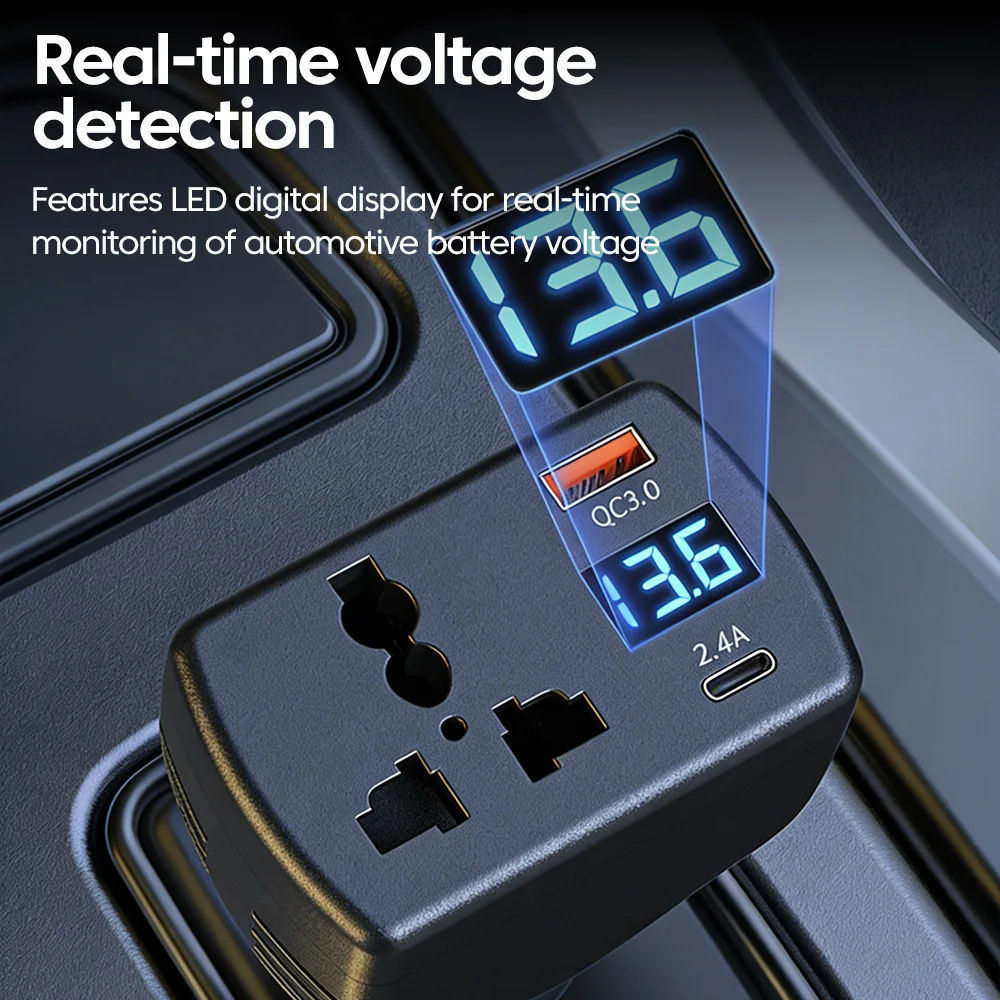 

150w Car Charger 18wUSB QC3.0 +Type-C2.4A PD12w Car Cellphones Adapter Inverter AC150w Voltage Real-time Digital Display Charger
