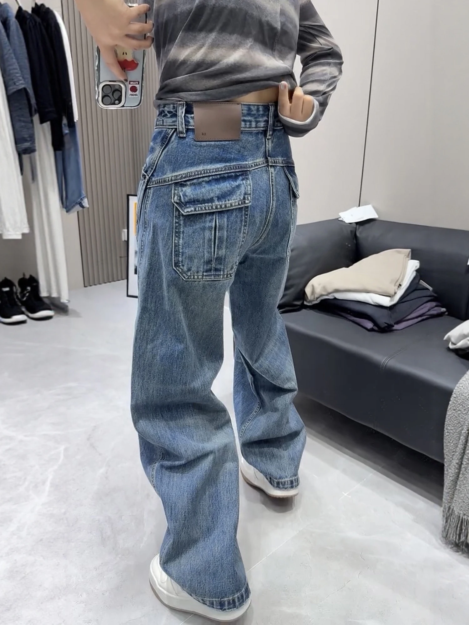 

New 2025 plus Size Fce Lined Thiened Floor Length Jeans High Waist Wide Leg Pants Casual Sle Cotton Polyester Blend