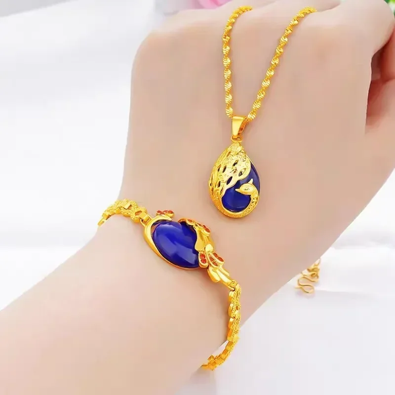 

9999 24K Yellow Gold Ladies' Peacock - Style Necklace and Bracelet Two - Piece, Cat's Eye Pendant in AU750 Gold Jewelry