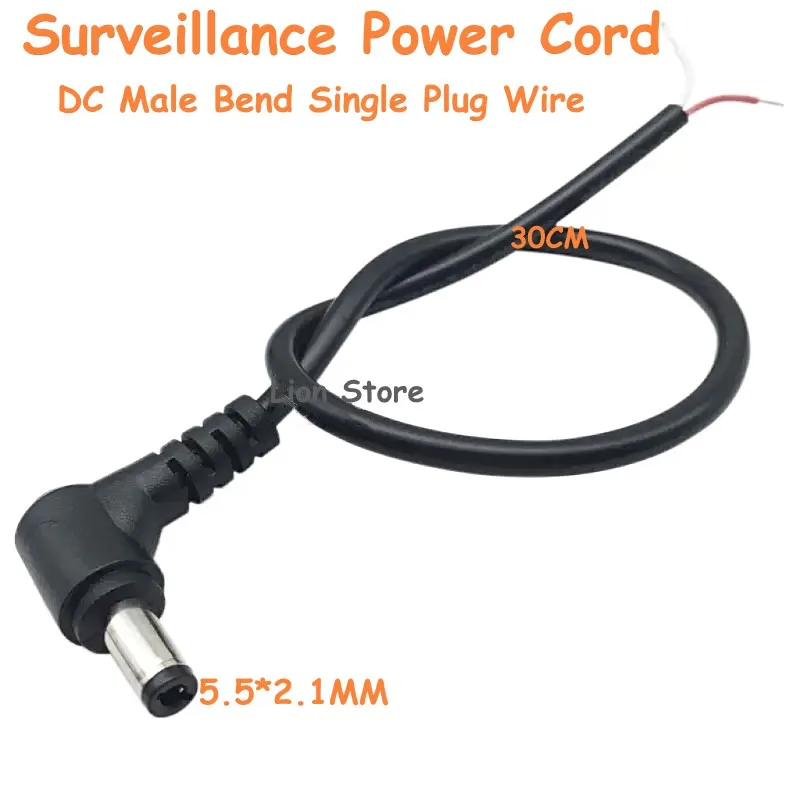 

20pcs-200pcs/lot DC Elbow L-Shape Plug 5.5*2.1mm Male Monitor Power Cord 2.5 Holes Curved Single Tip Cord 30CM