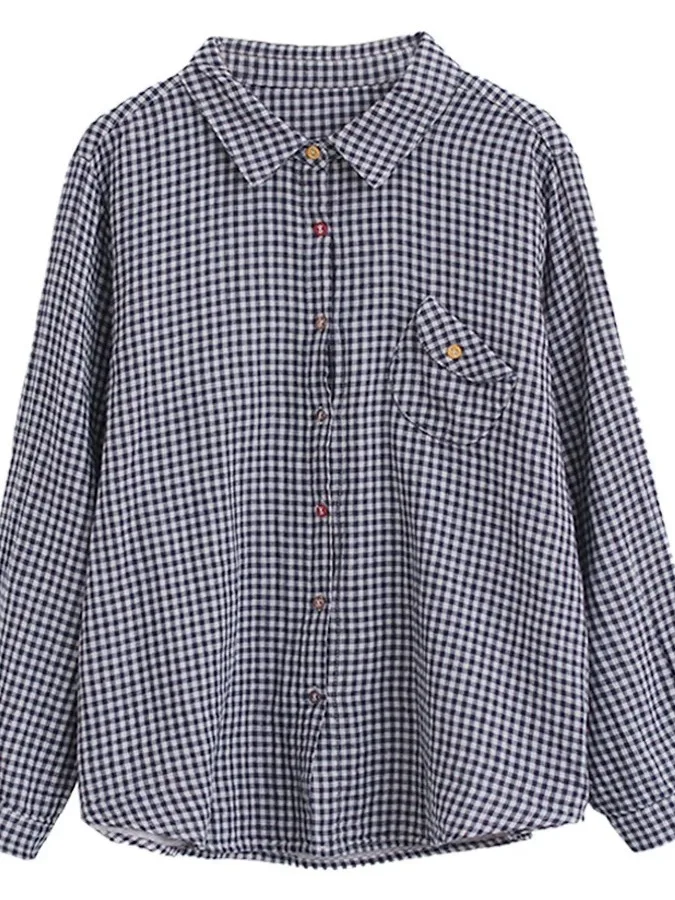 

Autumn 2025 Women's Double Layer Cotton irt Loose Fit Retro Versatile Simple Plaid Slimming Korean Sle Breathable Long Sl...