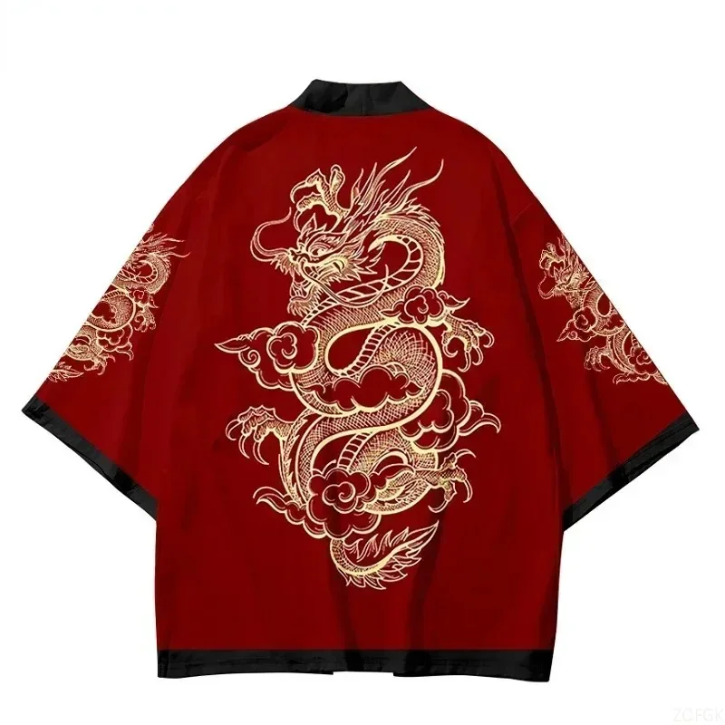 Vintage Red Golden Dragon Cloud Graphic Print Haori Kimono Cardigan Summer Casual 1/2 Sleeve Open Front Yukata Cover Up