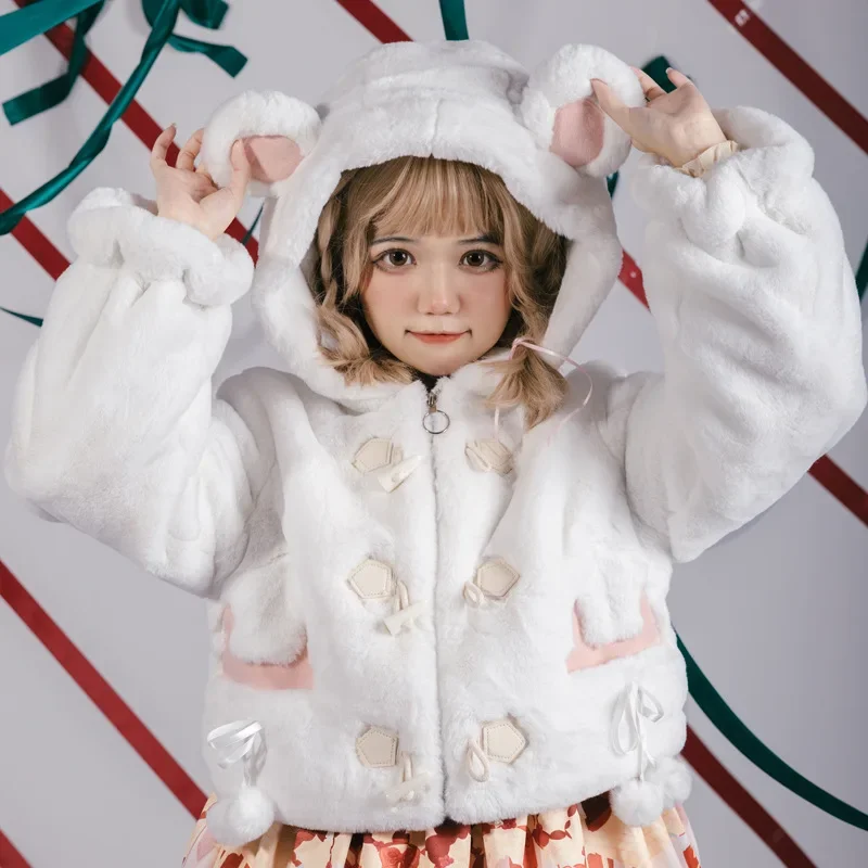 

Little Lamb ~ Lovely Plush Lolita Jacket Hooded Warm Winter Coat for Women