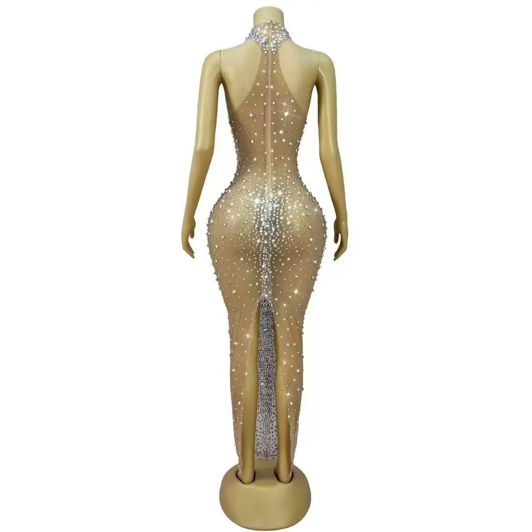 Seksowna scena świecące dżetów bez rękawów siateczkowa przezroczysta długa sukienka świętuj wieczór weselny bal urodziny sesja zdjęciowa sukienka