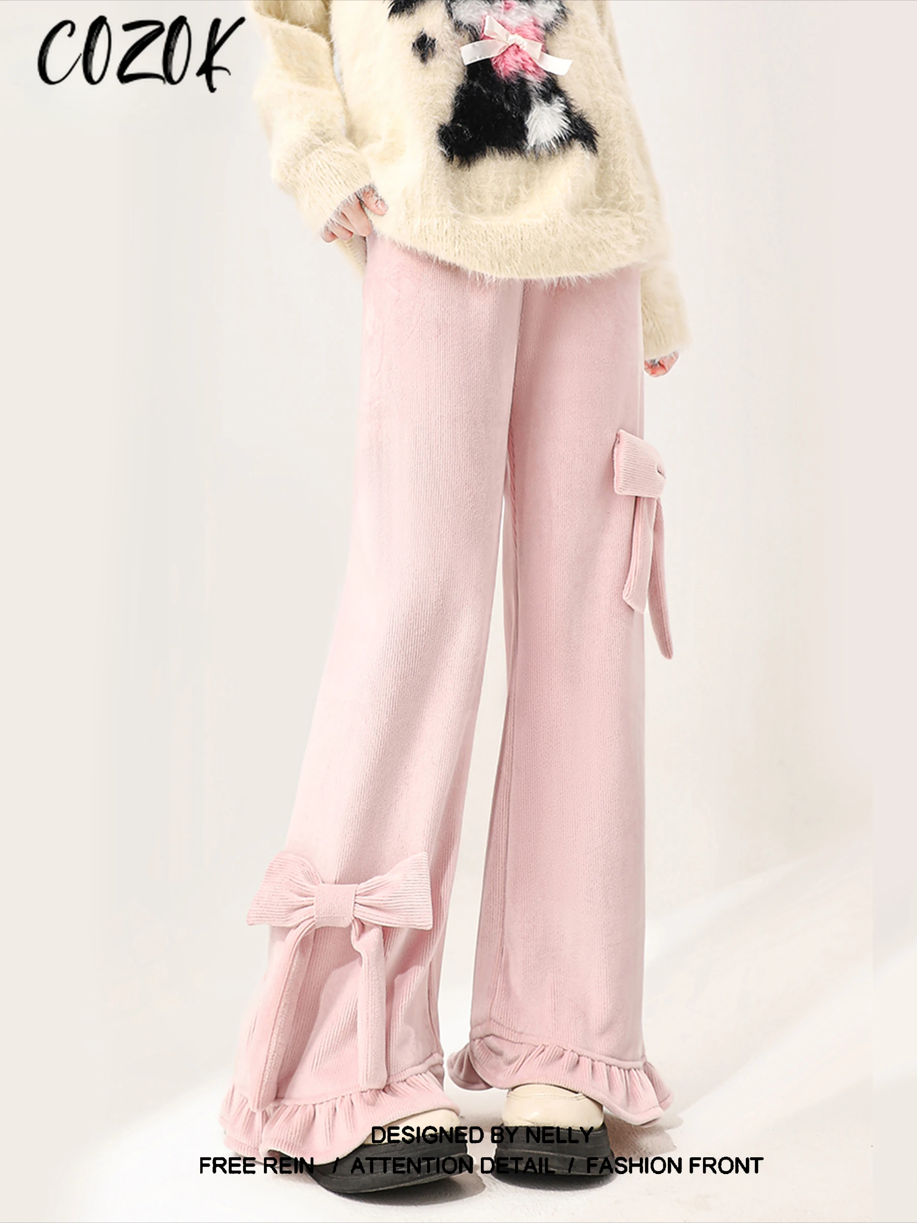 

Long Pant Pink Bow Casual Trousers Women Spring and Autumn New Design Sense Straight Tube Sag Loose Wide Leg Corduroy Long Pants