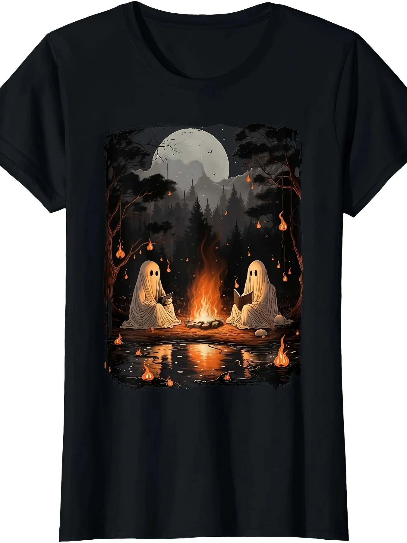 Vintage Ghost Book Reading Camping Goth Halloween Teacher Comfortable Casual Crew Neck Short Sleeve Medium Stretch