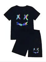 Summer Black Trendy Printed Round Neck Short Sleeved T-Shirt Top + Elastic Waist Printed Wide Leg Shorts Children's Clothing Set 6