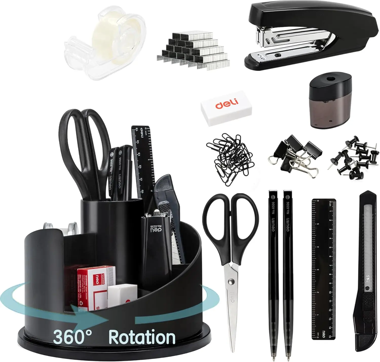 

1045 Pcs Desk Organizer Set, Rotating Pen Holder, Stapler, Scissors, Tape Dispenser, Black