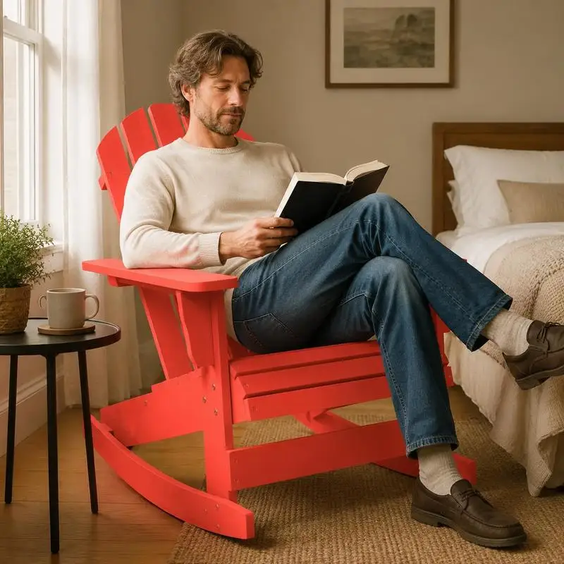 Fauteuil à bascule Adirondack fabriqué en bois de sapin massif de couleur rouge vif, avec un siège large et ergonomique et un dossier incliné, en bois naturel, idéal pour des moments de détente dans le jardin, sur la terrasse et dans l'espace couvert.