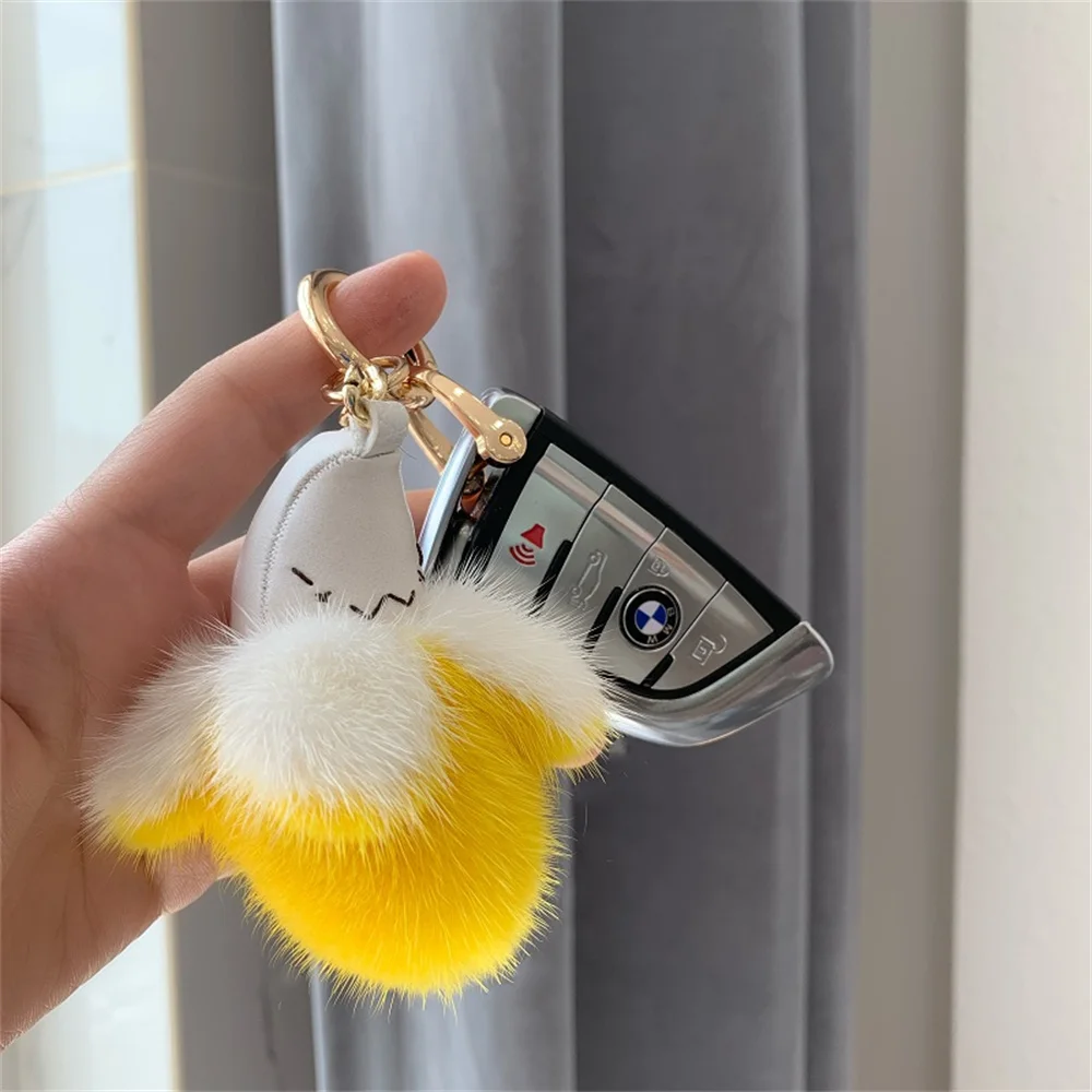 Funny Banana Keychain, Real Mink Fur Lovely Fruit Bag Charm, Women Car Key Ring Pendant Fashion Accessories Jewelry Gift