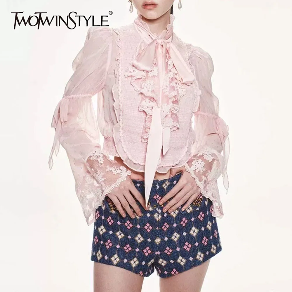 

TWOTWINSTYLE Pink Spliced Lace Basics Shirt Female Lapel Long Sleeve Sweet Cute Women's Shirts Autumn Style Fashion New Clothing