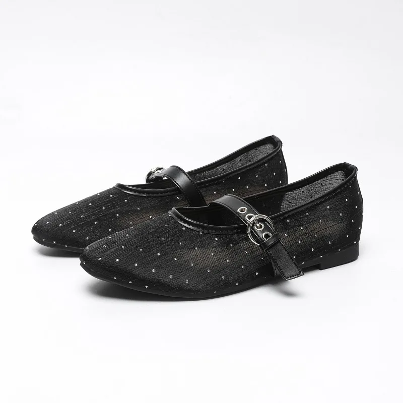 2026 New Mesh Black Ballet Shoes Women Ballet Flats Sandals Hollow Out Breathable Single Shoes Women Mary Janes Fishnet Shoes