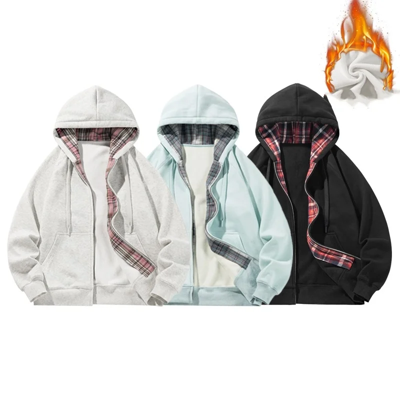 Autumn and winter popular retro checkered patchwork hooded sweatshirt jacket, loose casual cardigan top