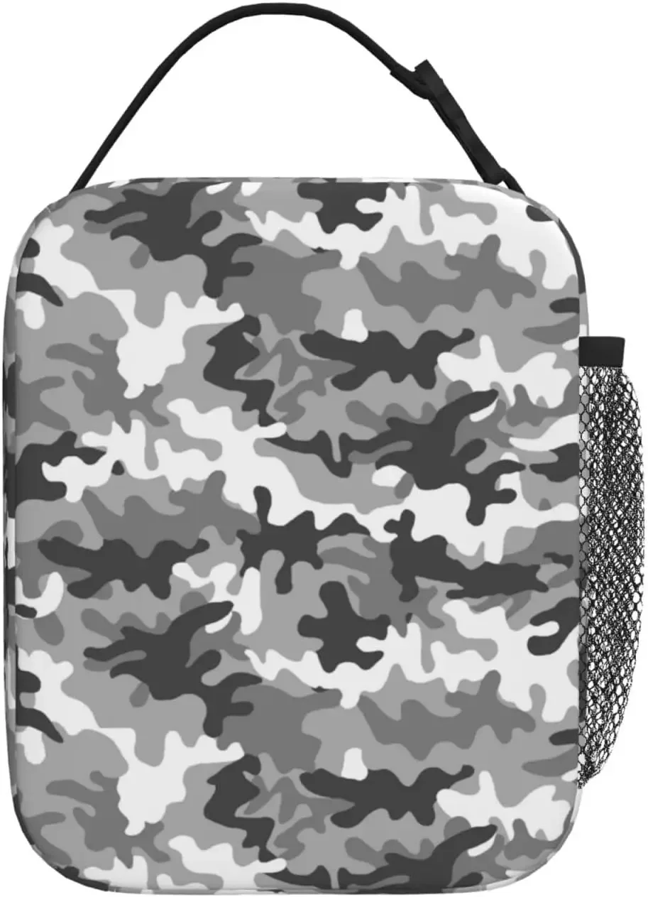 Urban Camouflage Insulated Lunch Bags for Women and Men, Reusable Gray Camo Lunch Boxes, Tote Bag,Black White Lunch