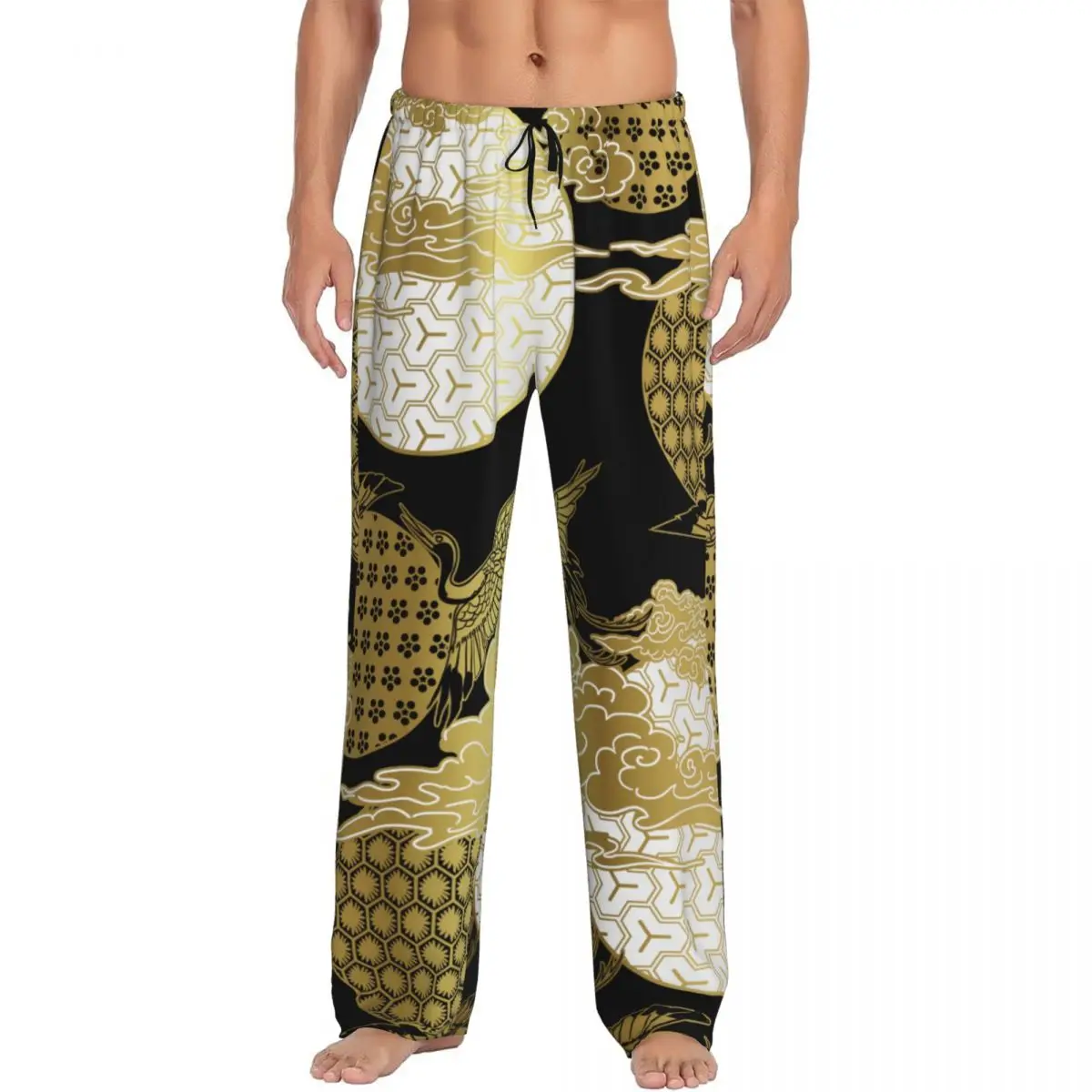 Japanese Black And Gold Crane Sky Cloud Men Sleep Bottoms Male Lounge Trousers Men's Pajama Pants