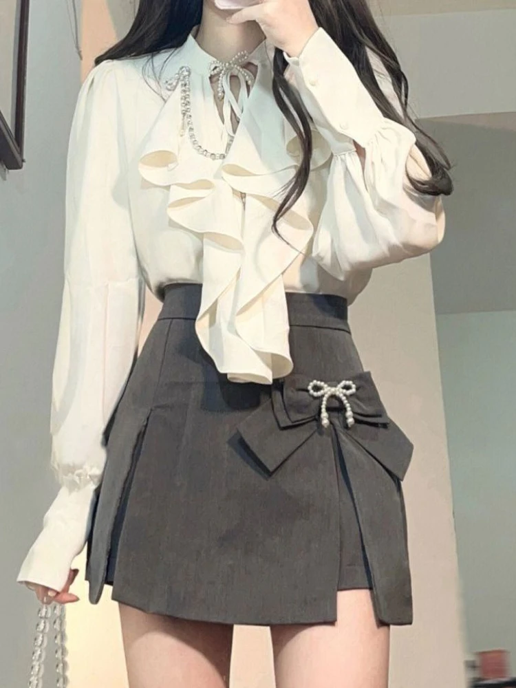 

Japanese Elegant Chic Two Piece Set Women Bow Vintage Office Lady Skirt Suit Female Korean Hollow Out Tops＋A-line Skirt 2023 New