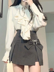 Japanese Elegant Chic Two Piece Set Women Bow Vintage Office Lady Skirt Suit Female Korean Hollow Out Tops＋A-line Skirt 2023 New