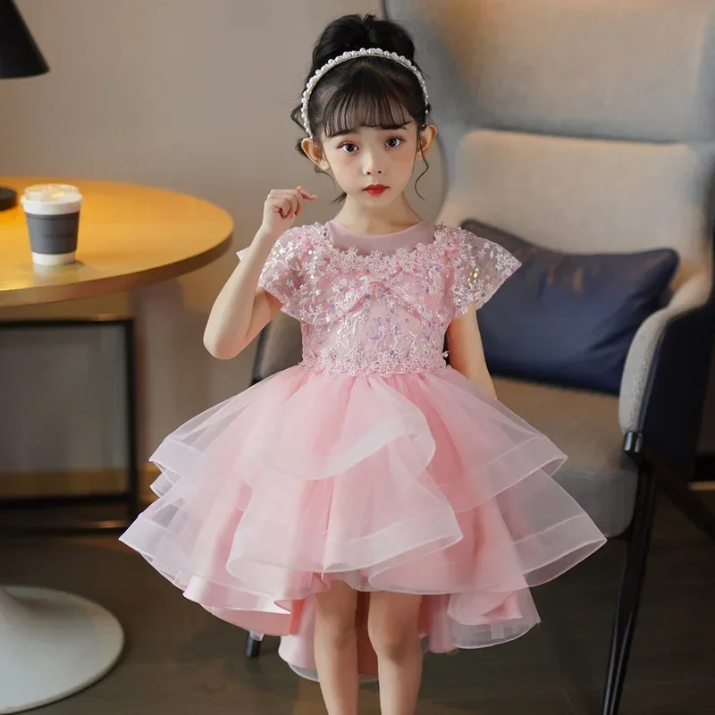 Robe d'anniversaire de princesse pour enfants, robe en maille à queue, robe de mariée pour petite fille, robes de princesse, jupe moelleuse, nouveau