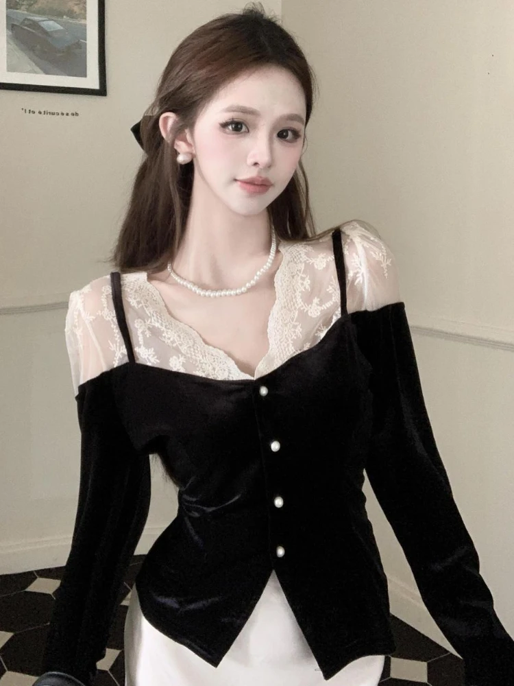 

2025 Autumn New Blouses Fake Two Piece Contrast Color Lace Patchwork Shirts Fashion Elegant Vintage Tops Slim Women's Clothing