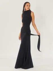 Articat Sexy Shiny Women's Long Dress Slim Fit Party Evening Woman Dress Female Pleated Ribbon Sleeveless Vesidos Autumn 2023