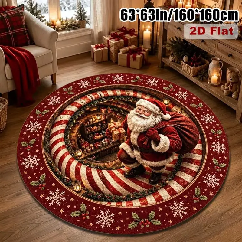 VIKAMA 3D Illusion Round Rug Tunnel Santa Gift Non Slip Soft Washable Mat for Living Room Bedroom Happy New Year Home Decor