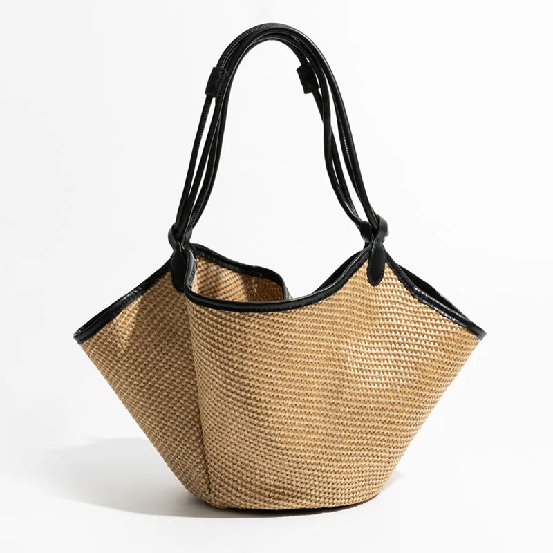 Drawstring Bucket Composite Bags For Women Luxury Designer Handbag Purse 2024 New In Casual Vacation Straw Weave Beach Shoulder