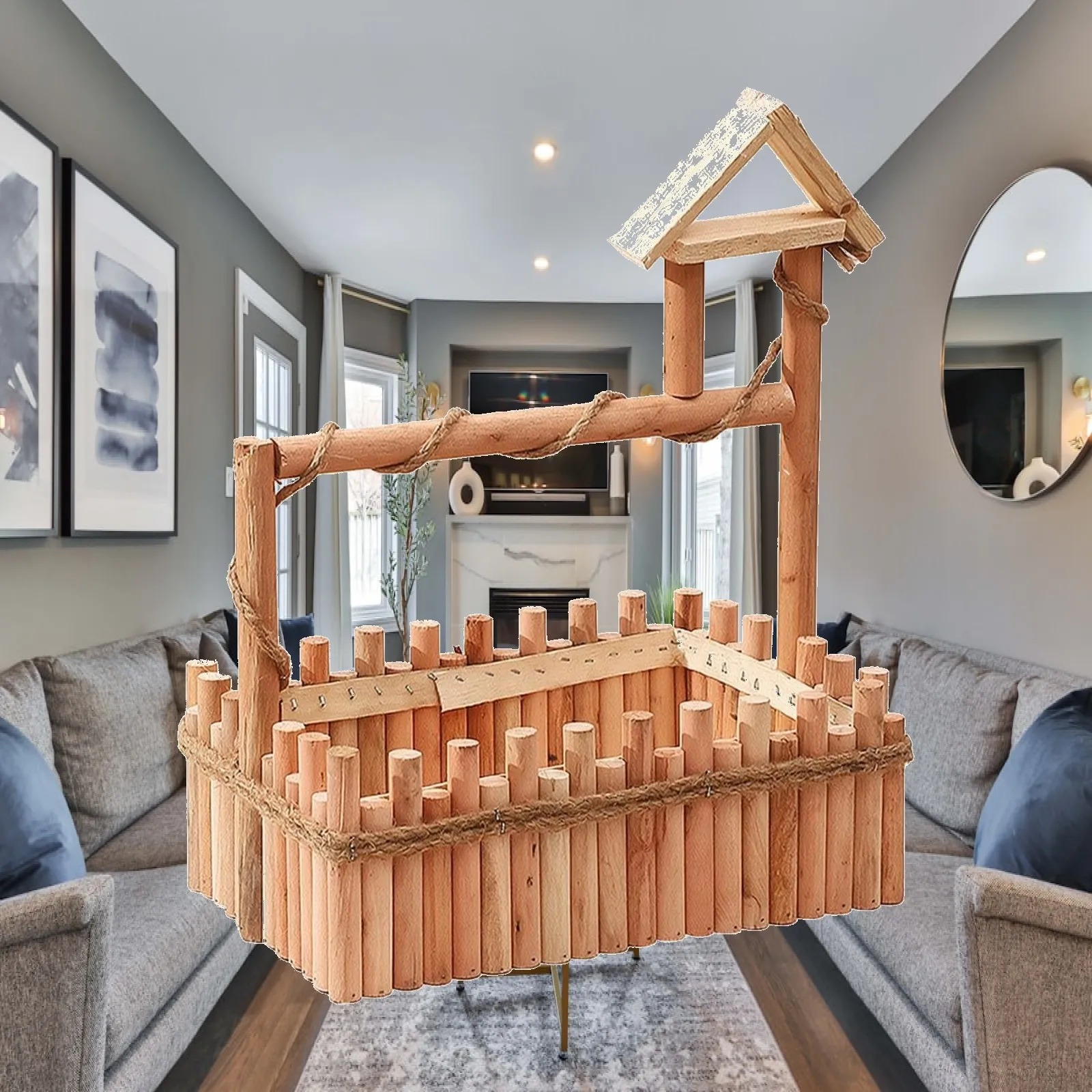 Rustic Open-Top Wooden Basket with Rope Detail Artisanal Slatted Wooden Storage