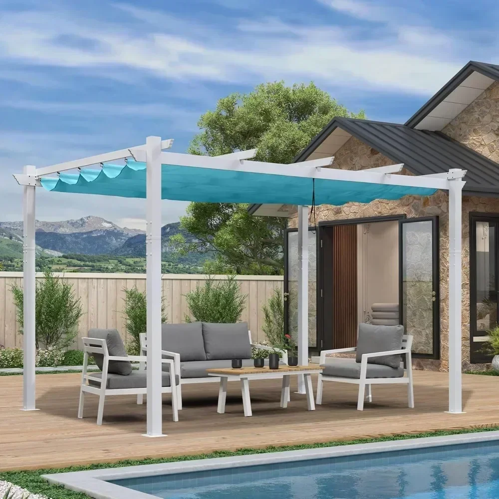 

10X13 FT Outdoor Retractable Pergola with Sun Shade Canopy Cover White Patio Metal Shelter for Garden Beach Gazebo Grape Trellis