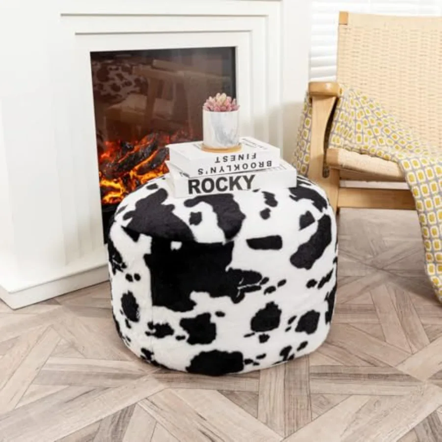 

Round Pouf Ottoman for living room and bedroom use, made of boho-style fabric in beige, soft yet durable with non-slip bottom a