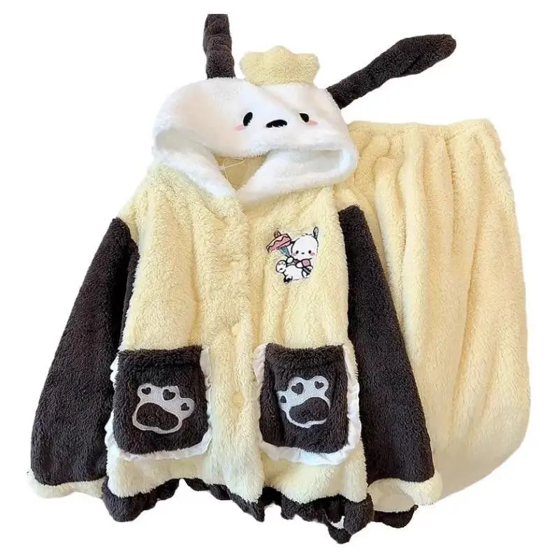 귀여운 포차코 후드 잠옷 여아용 상의 및 바지, 가을 겨울 산호 벨벳, 두꺼운 커플 만화, 귀여운 캐주얼 홈 웨어 세트