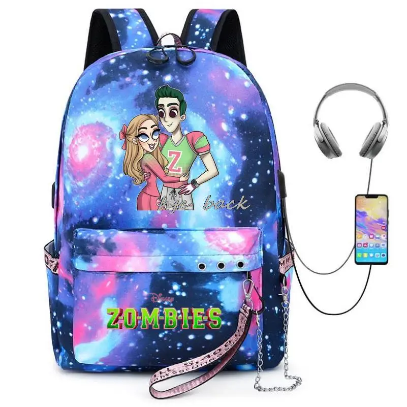 Zombies 2 Addison Cosplay Disney plecak dla Teeangers USB ładowania studentów tornister przed kradzieżą komputer Laptop Mochilas