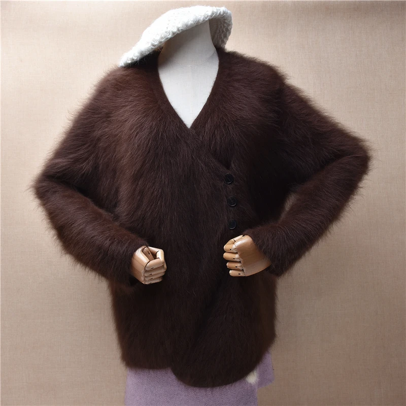 

Women Mujer Autumn Winter Clothing Hairy Plush Mink Cashmere Knitted V-Neck Long Sleeves Loose Cardigans Angora Fur Sweater Coat